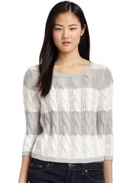 THE LOOKCable knit constructionRibbed trimThree-quarter length sleevesTHE FITAbout 22 from shoulder to hemTHE MATERIAL55% cotton/45% acrylicCARE & ORIGINHand washImportedModel shown is 5'10 (177cm) wearing US size Small. THE LOOKCable knit constructionRibbed trimThree-quarter length sleevesTHE FITAbout 22 from shoulder to hemTHE MATERIAL55% cotton/45% acrylicCARE & ORIGINHand washImportedModel shown is 5'10 (177cm) wearing US size Small.