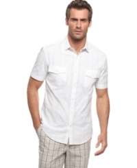 This textured plaid shirt from Perry Ellis is a cool casual style change you can feel. This textured plaid shirt from Perry Ellis is a cool casual style change you can feel.