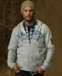 So soft you'll never want to take it off, a lightweight fleece hoodie achieves rugged all-American appeal with a flag patch and a Denim & Supply graphic. So soft you'll never want to take it off, a lightweight fleece hoodie achieves rugged all-American appeal with a flag patch and a Denim & Supply graphic.