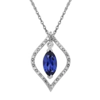 10k White Gold Sapphire Drop in Diamond Frame Pendant Necklace, 18