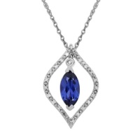 10k White Gold Sapphire Drop in Diamond Frame Pendant Necklace, 18 10k White Gold Sapphire Drop in Diamond Frame Pendant Necklace, 18