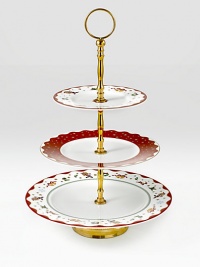 Three charming tiers for serving holiday sweets and snacks, accented in 24K gold with wavy borders, gold stars, graceful laurel leaf borders and whimsical Christmas motifs, all richly rendered.Bone chinaGoldtone handle and stand14H X 14 diameterHand washImported Three charming tiers for serving holiday sweets and snacks, accented in 24K gold with wavy borders, gold stars, graceful laurel leaf borders and whimsical Christmas motifs, all richly rendered.Bone chinaGoldtone handle and stand14H X 14 diameterHand washImported