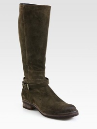 Casual and traditional staple, impeccably crafted of rich suede and finished with a wrap-around adjustable strap. Stacked heel, 1¼ (30mm)Shaft, 14½Leg circumference, 14Suede upperSide zipAdjustable ankle strapLeather liningRubber solePadded insoleMade in Italy Casual and traditional staple, impeccably crafted of rich suede and finished with a wrap-around adjustable strap. Stacked heel, 1¼ (30mm)Shaft, 14½Leg circumference, 14Suede upperSide zipAdjustable ankle strapLeather liningRubber solePadded insoleMade in Italy