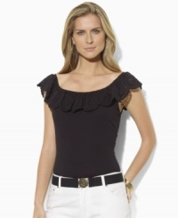 Lauren by Ralph Lauren's soft cotton jersey petite top is trimmed with delicate eyelet ruffles at the neckline, adding feminine appeal. Lauren by Ralph Lauren's soft cotton jersey petite top is trimmed with delicate eyelet ruffles at the neckline, adding feminine appeal.