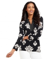 Charter Club's casual petite top features a pretty fleur de lis print and studded embellishment at the neckline for a look that's anything but basic. Charter Club's casual petite top features a pretty fleur de lis print and studded embellishment at the neckline for a look that's anything but basic.