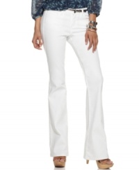 A retro silhouette is given new life with a fresh white wash in this Calvin Klein Jeans look. The curve-hugging flared fit instantly elongates your legs, too! A retro silhouette is given new life with a fresh white wash in this Calvin Klein Jeans look. The curve-hugging flared fit instantly elongates your legs, too!