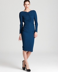 This form-fitting Zac Posen dress is an ultra-flattering choice for dinner or drinks, featuring chic ruching and an alluing cutout at the back for just a hint of skin. This form-fitting Zac Posen dress is an ultra-flattering choice for dinner or drinks, featuring chic ruching and an alluing cutout at the back for just a hint of skin.