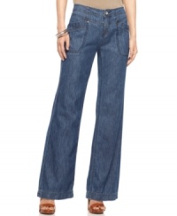 Denim gets comfy in this look from DKNY Jeans. Made from super-soft cotton with a flared silhouette, they look so boho-chic with chunky accessories and a basic tee! Denim gets comfy in this look from DKNY Jeans. Made from super-soft cotton with a flared silhouette, they look so boho-chic with chunky accessories and a basic tee!