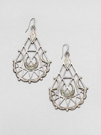 From the Black Label Collection. A tapered medallion is striking in these lacy, latticed drops that display ancient symbols.Silverplated brassDrop, about 3Ear wireMade in USA From the Black Label Collection. A tapered medallion is striking in these lacy, latticed drops that display ancient symbols.Silverplated brassDrop, about 3Ear wireMade in USA