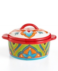 The big bold florals and exuberant hues of the Pasha covered baker gets everyone excited about eating in. Oven- and dishwasher-safe earthenware is ideal for easy prep, festive dining and fuss-free cleanup. The big bold florals and exuberant hues of the Pasha covered baker gets everyone excited about eating in. Oven- and dishwasher-safe earthenware is ideal for easy prep, festive dining and fuss-free cleanup.