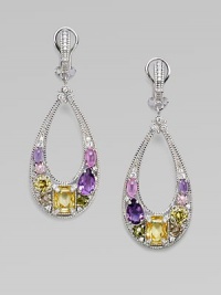 From the Prism Collection. This cutout teardrop of textural sterling silver, encrusted with an array of stones - white sapphire, amethyst, champagne quartz, pink corundum, and pink and peridot crystal - has an elegant, almost regal feel.White sapphire, amethyst, champagne quartz, pink corundum, and crystal Sterling silver Length, about 2 Post and omega backs Imported From the Prism Collection. This cutout teardrop of textural sterling silver, encrusted with an array of stones - white sapphire, amethyst, champagne quartz, pink corundum, and pink and peridot crystal - has an elegant, almost regal feel.White sapphire, amethyst, champagne quartz, pink corundum, and crystal Sterling silver Length, about 2 Post and omega backs Imported
