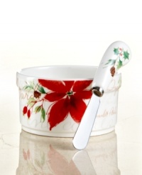 A season of entertaining and celebration will flourish with the Winter Meadow dip bowl and spreader from Lenox. Red poinsettia and crisp holly bloom on ivory porcelain designed to complement the mix-and-match dinnerware collection. A season of entertaining and celebration will flourish with the Winter Meadow dip bowl and spreader from Lenox. Red poinsettia and crisp holly bloom on ivory porcelain designed to complement the mix-and-match dinnerware collection.