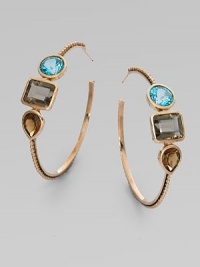 From the Trujillo Collection. A circle of blue topaz, a square of smoky topaz and a teardrop of cognac quartz sit side by side radiantly on a slender beaded hoop.Blue topaz, smoky topaz and cognac quartzBronzeDiameter, about 2¼Post backMade in USA From the Trujillo Collection. A circle of blue topaz, a square of smoky topaz and a teardrop of cognac quartz sit side by side radiantly on a slender beaded hoop.Blue topaz, smoky topaz and cognac quartzBronzeDiameter, about 2¼Post backMade in USA