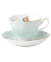 Royal Albert updates a classic with the playfully patterned Polka Rose cup and saucer. Dainty dots and Old Country Roses adorn gold-banded bone china with dainty ruffled edges. Royal Albert updates a classic with the playfully patterned Polka Rose cup and saucer. Dainty dots and Old Country Roses adorn gold-banded bone china with dainty ruffled edges.