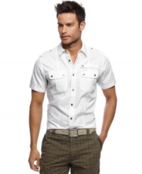 Rock a rugged look in the urban jungle with this safari-inspired shirt from Marc Ecko Cut & Sew. Rock a rugged look in the urban jungle with this safari-inspired shirt from Marc Ecko Cut & Sew.