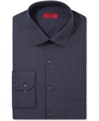 Skinny stripes bring a big statement to any boardroom with this fitted shirt from Alfani. Skinny stripes bring a big statement to any boardroom with this fitted shirt from Alfani.
