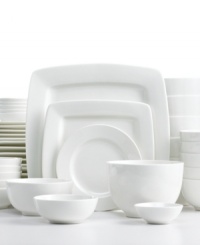 Modern basics. Mixing round and square pieces, this white dinnerware set from Gibson offers unparalleled versatility. Dishwasher- and microwave-safe porcelain means you can relax and enjoy everyday meals or entertain guests with ease.