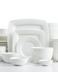Modern basics. Mixing round and square pieces, this white dinnerware set from Gibson offers unparalleled versatility. Dishwasher- and microwave-safe porcelain means you can relax and enjoy everyday meals or entertain guests with ease. Modern basics. Mixing round and square pieces, this white dinnerware set from Gibson offers unparalleled versatility. Dishwasher- and microwave-safe porcelain means you can relax and enjoy everyday meals or entertain guests with ease.