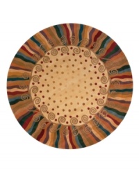 A polka dot pattern against a subtle creme background creates an abstract rug of rich, artistic beauty. A vivid, swirling border in a color palette that includes burgundy, lavender and beige completes the rug with a resplendent finish. Hand-tufted and hand-carved of plush wool. A polka dot pattern against a subtle creme background creates an abstract rug of rich, artistic beauty. A vivid, swirling border in a color palette that includes burgundy, lavender and beige completes the rug with a resplendent finish. Hand-tufted and hand-carved of plush wool.