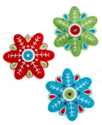 Snowed in. Snowflakes sewn in soft felt with elements of bright blue, green and red add well-crafted whimsy to your Christmas tree. Snowed in. Snowflakes sewn in soft felt with elements of bright blue, green and red add well-crafted whimsy to your Christmas tree.