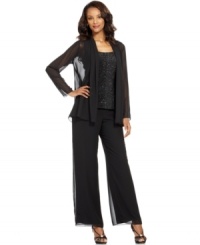 Patra's petite beaded top and chic chiffon jacket and pants are effortlessly elegant for evening. Pair with strappy heels to accentuate the silhouette. Patra's petite beaded top and chic chiffon jacket and pants are effortlessly elegant for evening. Pair with strappy heels to accentuate the silhouette.
