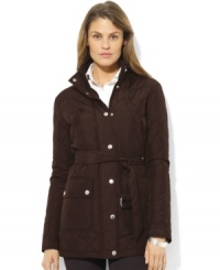 Cut for a classic fit from diamond-quilted microfiber, Lauren Ralph Lauren's belted petite jacket is the ultimate in cool-weather style. Cut for a classic fit from diamond-quilted microfiber, Lauren Ralph Lauren's belted petite jacket is the ultimate in cool-weather style.