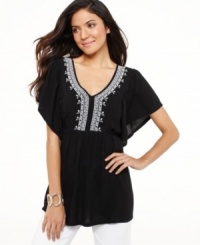 Fluttering sleeves and delicate embroidery give One World's top a romantic feel! The self-tie sash at back lets you adjust the look. Fluttering sleeves and delicate embroidery give One World's top a romantic feel! The self-tie sash at back lets you adjust the look.