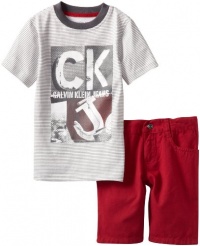 Calvin Klein Boys 2-7 Striped Tee With Short, Gray, 4 Calvin Klein Boys 2-7 Striped Tee With Short, Gray, 4
