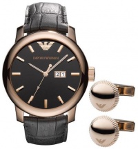 Emporio Armani AR8022 Watch and Cufflink Set, Men's Black Rubberized Leather Strap Emporio Armani AR8022 Watch and Cufflink Set, Men's Black Rubberized Leather Strap