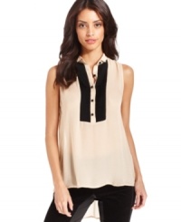 A dramatic high-low hem ups the edge on this RACHEL Rachel Roy tuxedo blouse for a modern take on a menswear look! A dramatic high-low hem ups the edge on this RACHEL Rachel Roy tuxedo blouse for a modern take on a menswear look!