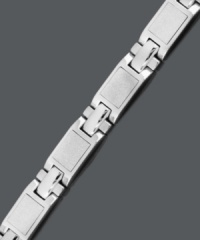 Strength and style combine in this stately men's bracelet. Crafted in durable stainless steel, bracelet features a textured finish and shapely square link. Approximate length: 8-1/2 inches. Strength and style combine in this stately men's bracelet. Crafted in durable stainless steel, bracelet features a textured finish and shapely square link. Approximate length: 8-1/2 inches.