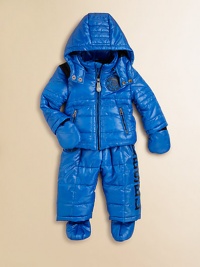 Quilted puffer design makes this snowsuit perfect for everything from snowball fights to beginner ski lessons. Stand collar with double snap closure and zip-out hood Front zip closure Dual zip pockets Removable mittens and footies attached with snap closures Pants have changeable suspender straps with snap closures Pants have an elastic waist Polyester Nylon lining Machine wash Imported