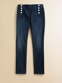 Stylish skinny jeans are updated with nautical-inspired detailing and crafted with a hint of essential stretch.Double front button closureFlat front with clean waist98% cotton/2% elastaneMachine washImported Stylish skinny jeans are updated with nautical-inspired detailing and crafted with a hint of essential stretch.Double front button closureFlat front with clean waist98% cotton/2% elastaneMachine washImported