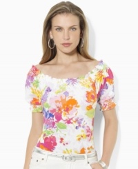 Bohemian inspiration comes alive in Lauren Ralph Lauren's printed petite cotton top, finished with a chic gathered neckline and sleeves. Bohemian inspiration comes alive in Lauren Ralph Lauren's printed petite cotton top, finished with a chic gathered neckline and sleeves.