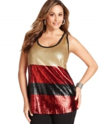 Electrify your look with DKNY's striped plus size tank top, showcasing a sequined finish! Electrify your look with DKNY's striped plus size tank top, showcasing a sequined finish!