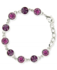 Mix and match with color! Eye-catching czech stones in fuchsia make 2028's link bracelet a hot piece for the season. Set in silver tone mixed metal. Approximate length: 7-1/4 inches + 1/2-inch extender. Mix and match with color! Eye-catching czech stones in fuchsia make 2028's link bracelet a hot piece for the season. Set in silver tone mixed metal. Approximate length: 7-1/4 inches + 1/2-inch extender.