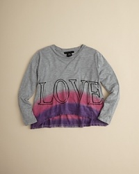Fall in love with this lovely tie-dye top from Flowers by Zoe, featuring a prominent heart and LOVE print on the front and heart print on the back. Fall in love with this lovely tie-dye top from Flowers by Zoe, featuring a prominent heart and LOVE print on the front and heart print on the back.