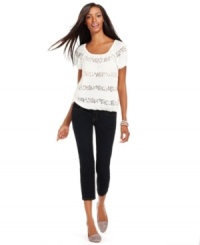 Lacy stripes' elevate INC's pretty petite peasant top -- try it with jeans or go fancier and pair it with a flirty skirt! Lacy stripes' elevate INC's pretty petite peasant top -- try it with jeans or go fancier and pair it with a flirty skirt!