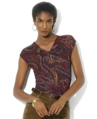 Lauren Ralph Lauren's sleek jersey top is crafted with cap sleeves and a modern twist neckline that flatters the figure. Lauren Ralph Lauren's sleek jersey top is crafted with cap sleeves and a modern twist neckline that flatters the figure.