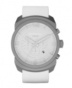Less is more. Leave color behind with this ghostly watch by Diesel. White silicone strap and round stainless steel case, 57x45mm. White dial features applied white numerals and stick indices, minute track, date window, three multifunctional subdials, luminous hands and logo. Quartz movement. Water resistant to 50 meters. Two-year limited warranty.