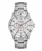 Sport style and precise punctuality. Watch by Caravelle by Bulova crafted of stainless steel bracelet and round case with black numerals at bezel. Silver tone dial features applied silver tone numeral at twelve o'clock, stick indices, minute track, three multifunctional subdials, luminous hands and logo. Quartz movement. Water resistant to 30 meters. Two-year limited warranty.