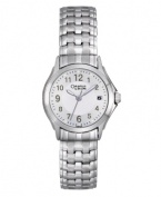 Dressed up or down, this contemporary watch by Carvavelle by Bulova goes anywhere. Stainless steel bracelet and round case. Silver tone dial features applied numerals, minute track, date window at three o'clock, luminous hands and logo. Quartz movement. Water resistant to 30 meters. Two-year limited warranty.