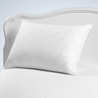 233-Thread count zip-off cotton cover, slick polyester fill, corded. Printed with Bloomingdale's logo.
