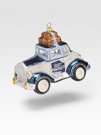 An old fashioned honeymoon limo shapes this stylish glass ornament. About 4W X 5H Made in Poland