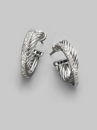 From the Silver Ice Crossover Collection. An arc of sterling silver crisscrosses one of pavé diamonds set in 14k white gold in graceful half hoops. Diamonds, 0.34 tcw Sterling silver and 14k white gold Diameter, about ½ Post back Made in USA From the Silver Ice Crossover Collection. An arc of sterling silver crisscrosses one of pavé diamonds set in 14k white gold in graceful half hoops. Diamonds, 0.34 tcw Sterling silver and 14k white gold Diameter, about ½ Post back Made in USA
