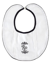 A classic twill bib is finished with sweet RL embroidery and contrast trim. A classic twill bib is finished with sweet RL embroidery and contrast trim.