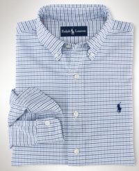 A masculine check pattern lends preppy style to a classic-fitting sport shirt, rendered in oxford-woven cotton for stylish comfort. A masculine check pattern lends preppy style to a classic-fitting sport shirt, rendered in oxford-woven cotton for stylish comfort.