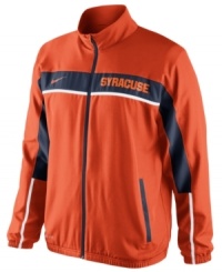 Turn up the volume and make the support of your favorite NCAA team loud and clear with this Syracuse Orange jacket featuring Dri-Fit technology from Nike. Turn up the volume and make the support of your favorite NCAA team loud and clear with this Syracuse Orange jacket featuring Dri-Fit technology from Nike.