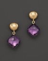 Faceted amethyst drops, set in 14K yellow gold.