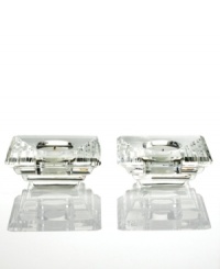 With a cool architectural shape in sparkling crystal, Deco candle holders elevate simple votives to dazzling new heights. A perfect shower gift! With a cool architectural shape in sparkling crystal, Deco candle holders elevate simple votives to dazzling new heights. A perfect shower gift!